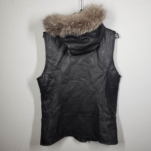 Damselle New York Leather Vest Black Faux Fur Trim Hooded Sleeveless Size Small - Picture 3 of 12